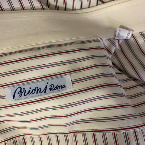 BRIONI Size XL Cream Red & Grey Stripe Cotton Button Up Long Sleeve Shirt