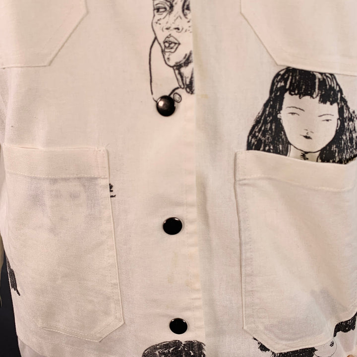 HOMBRE NECIO Size XL Beige Black Figures Print Linen Cotton Jacket