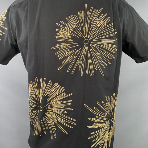 SASQUATCHfabrix Size XL Black Gold Embroidery Cotton Linen Short Sleeve Shirt