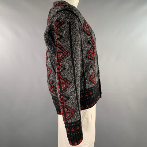 ETRO Size XL Grey Black Red Knitted Wool Blend Buttoned Cardigan
