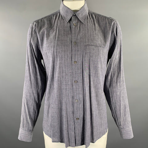 BRIONI Size L Navy Grey Stripe Linen Blend Pointed Collar Long Sleeve Shirt