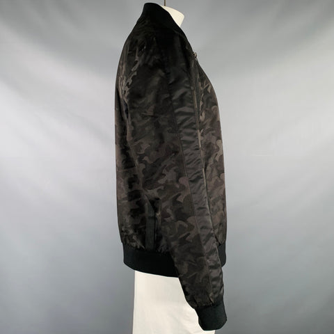 KARL LAGERFELD Size XL Black Camo Polyester Mesh Bomber Jacket