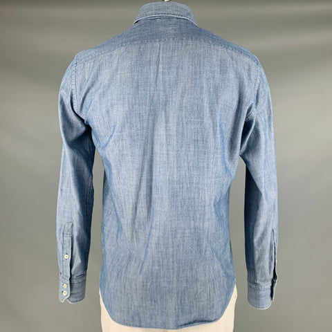 VAN LAACK Size L Blue Herringbone Cotton Long Sleeve Shirt