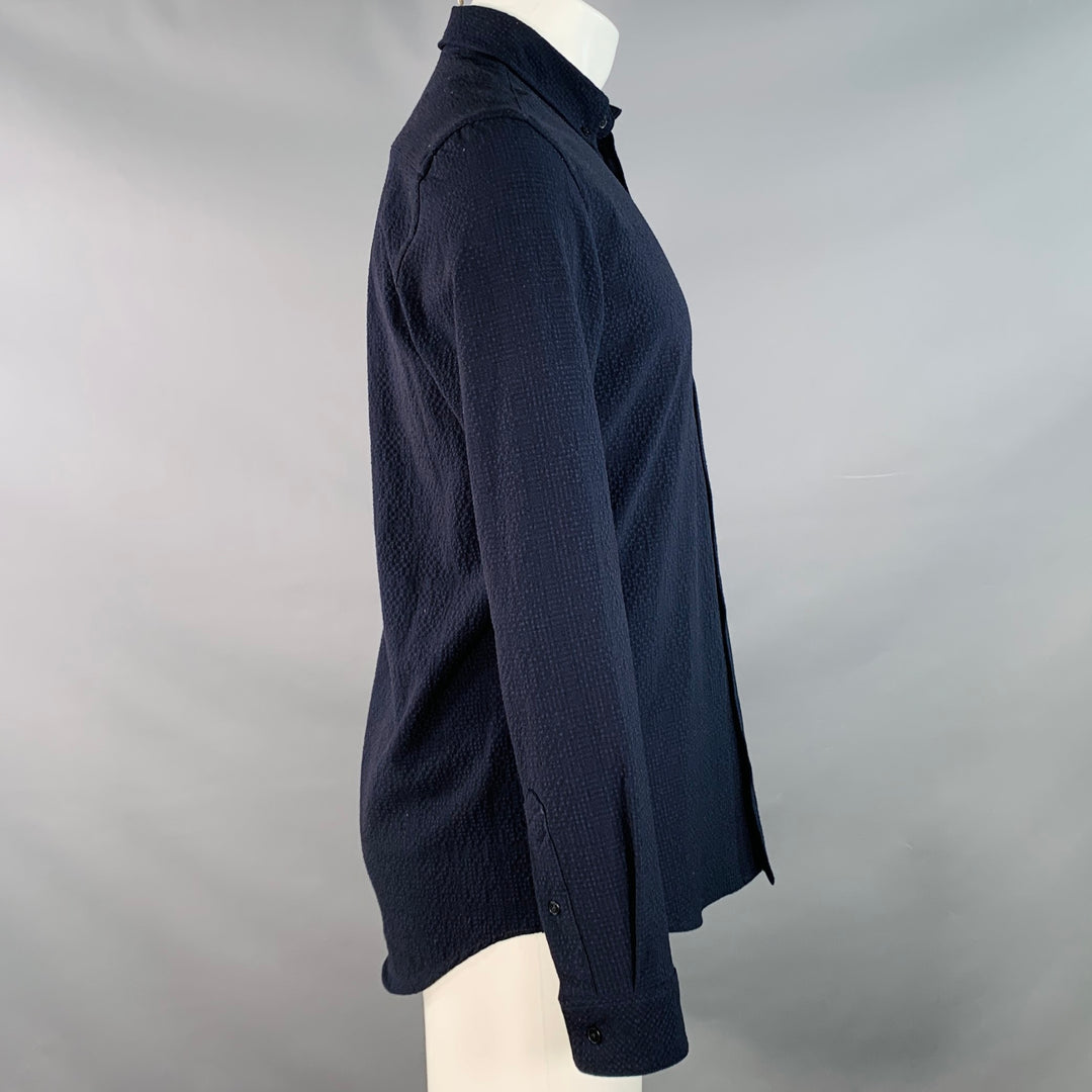 SAMSOE & SAMSOE Size S Navy Black Seersucker One Pocket Long Sleeve Shirt