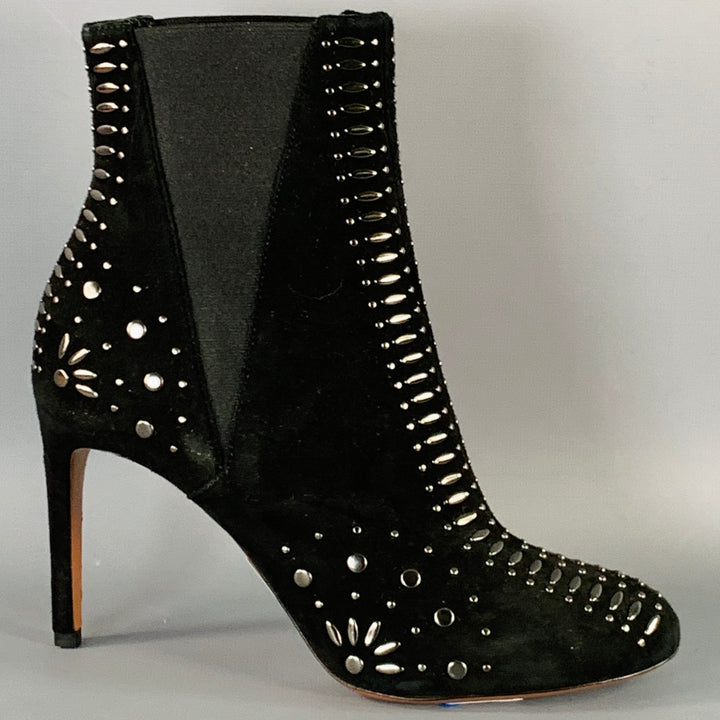 ALAIA Size 7.5 Black Studded Suede Pull On Stiletto Booties
