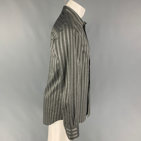 EMPORIO ARMANI Size L Grey Olive Stripe Cotton Viscose Long Sleeve Shirt