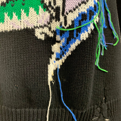 MSGM Size XL Black Green White Fish Distressed Cotton Crew Neck Sweater