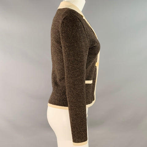 MOSCHINO Vintage Size M Brown Cream Wool Contrast Trim Single Breasted Cardigan