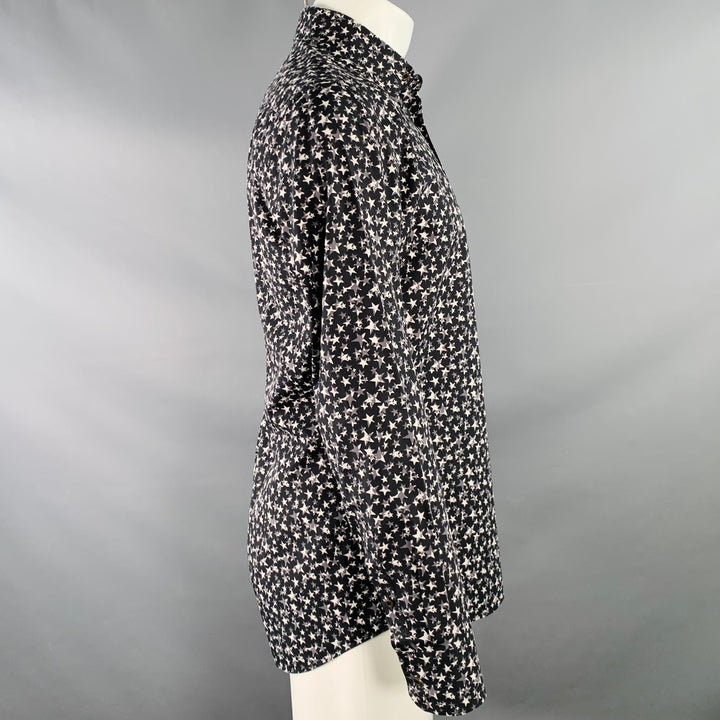 PRADA Size S Black White Grey Stars Cotton Button Up Long Sleeve Shirt