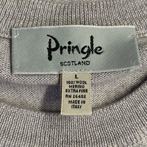 PRINGLE Taille L Gris Laine Mérinos Col Rond Finitions Nervurées Pull