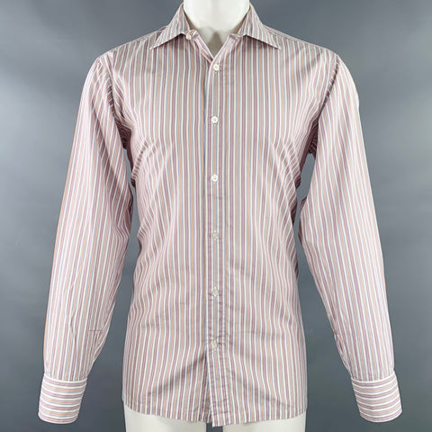 CHARVET Size M/L White Multi Color Stripe Cotton Long Sleeve Shirt