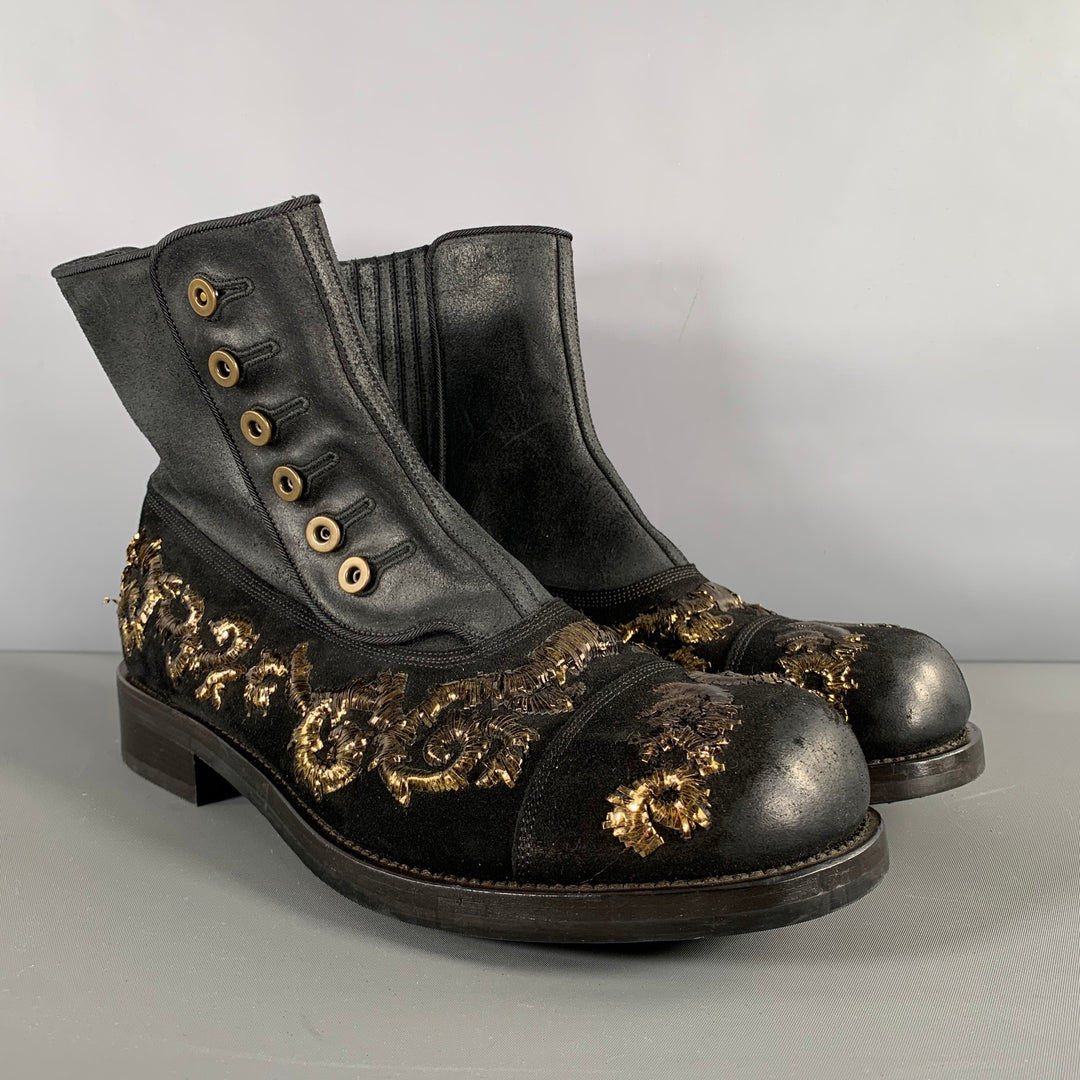DOLCE & GABBANA Size 8.5 Black Gold Embroidery Leather Side Buttons Boots