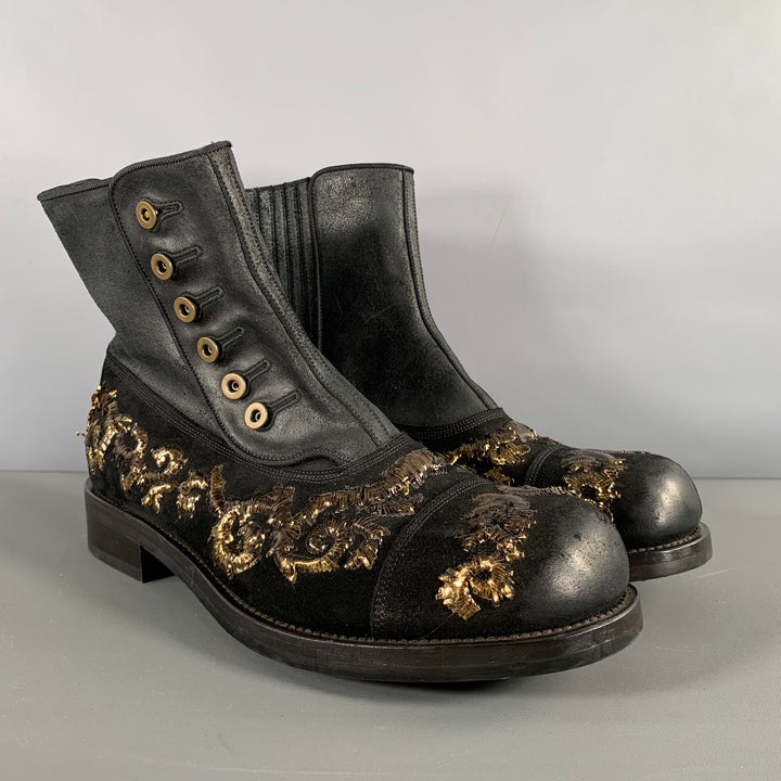DOLCE & GABBANA Size 8.5 Black Gold Embroidery Leather Side Buttons Boots