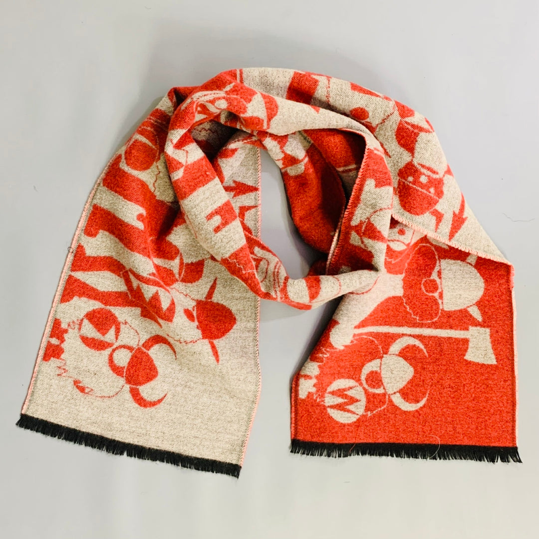 WALTER VAN BEIRENDONCK Red Tan Print Fringe Scarf