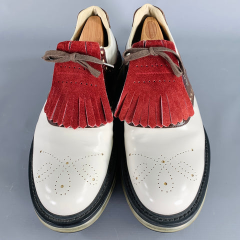 PRADA Size 12 White Burgundy Perforated Leather Lace-Up Shoes