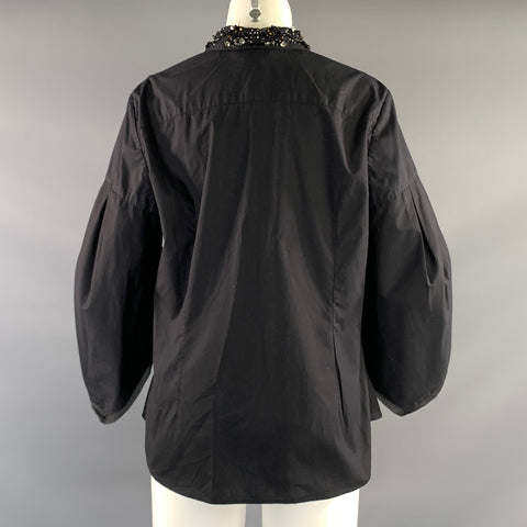 ZAC POSEN Size 12 Black Cotton Beaded Button Up Dress Top