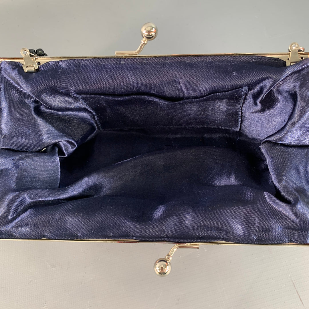 VINTAGE Navy Pink Beaded Sequined Floral Satin Clutch Handbag