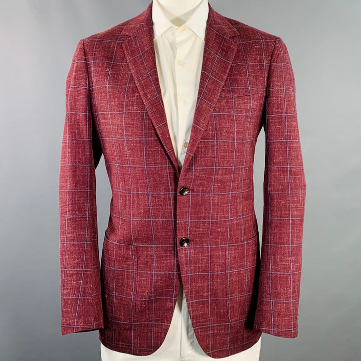 SARTORIO Size 44 Regular Burgundy Windowpane Wool Linen Silk Sport Coat