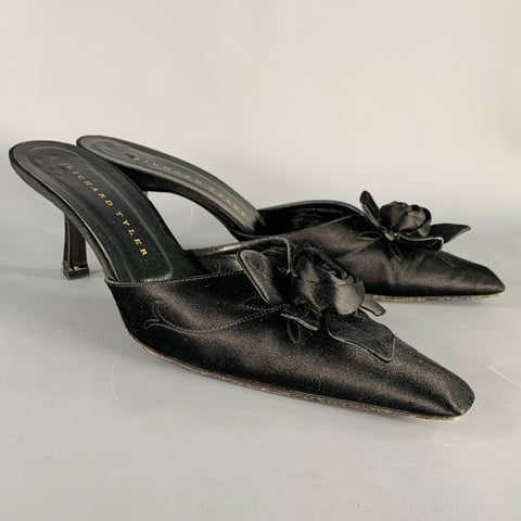 RICHARD TYLER Size 9.5 Black Satin Floral Kitten Heel Mule Sandals