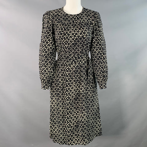 A.P.C. Size 2 Black White Viscose Floral Long Sleeve Belted Knee Length Dress