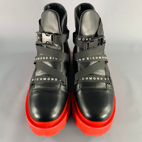 JOHN RICHMOND Size 13 Black Red Solid Leather Track Sole Boots