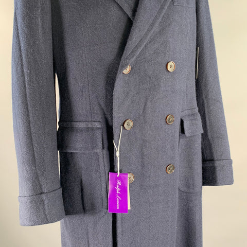 RALPH LAUREN Size 44 Navy Herringbone Wool Overcoat Coat