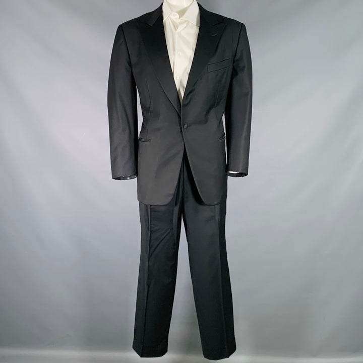 ERMENEGILDO ZEGNA Size 46 Black Wool Peak Lapel Tuxedo