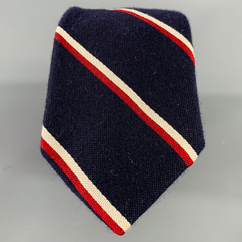 DRAKES LONDON Navy White & Red Diagonal Stripe Cotton Blend Tie
