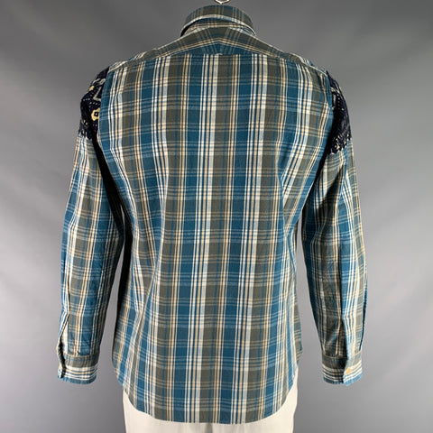 NANAMICA Size L Blue Taupe Plaid Cotton Patch Pockets Long Sleeve Shirt