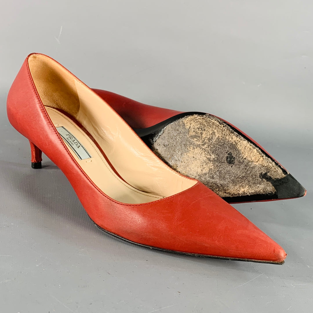 PRADA Size 8 Red Leather Kitten Heel Pointed Toe Pumps