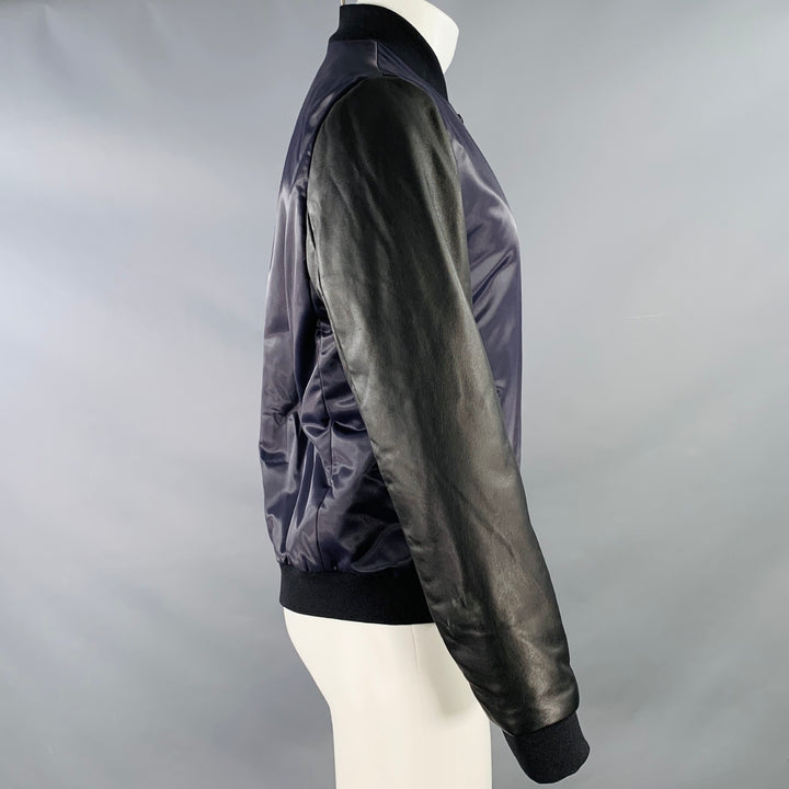 THEORY Size M Navy Black Two Toned Polyamide Lambskin Leather Varsity Jacket