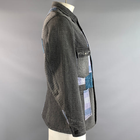 SASHIKO DENIM Size 42 Grey Blue Patchwork Cotton Pointed Collar Jacket