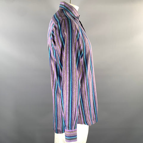 ETRO Size XL Purple Blue Brown Stripe Paisley Long Sleeve Shirt