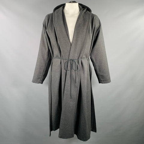 MONITALY Size L Grey Charcoal Wool Hooded Open Front Belted Coat