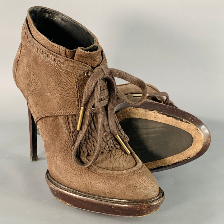 BURBERRY PRORSUM Size 9 Howcroft Brown Leather Fringe Lace-Up Platform Booties Pumps