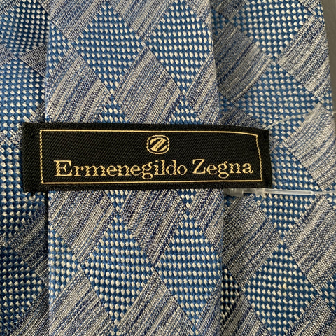 ERMENEGILDO ZEGNA Blue Checkered Silk Linen Jacquard Tie