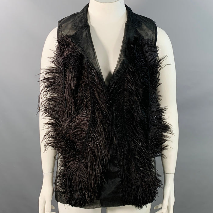 VERA WANG Taille L Gilet noir en maille avec plumes d'autruche et boutons-pression