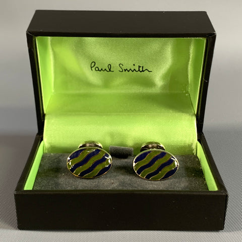 PAUL SMITH Silver Green & Blue Stripe Cuff Links