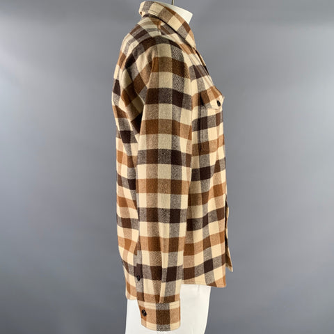 CELINE Size M Brown Camel Buffalo Plaid Wool Blend Shirt Jacket