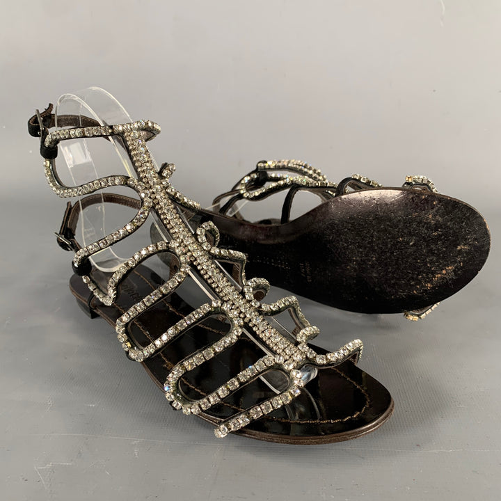 ROBERTO CAVALLI Size 7 Black Rhinestone Leather Gladiator Sandals