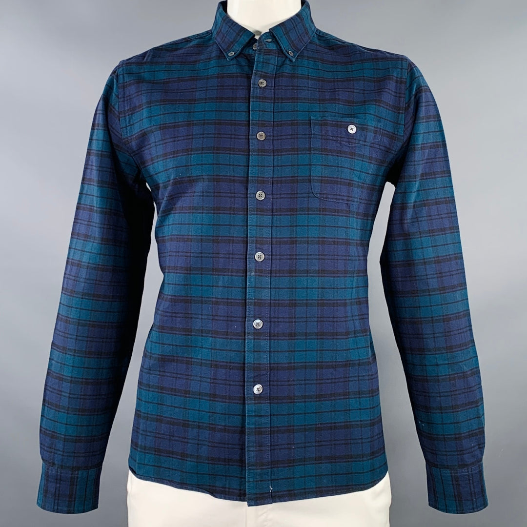 TODD SNYDER Size L Navy Teal Plaid Cotton One Pocket Long Sleeve Shirt
