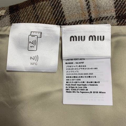 MIU MIU Size 2 Beige Brown Wool Blend Plaid Leather Mini Skirt