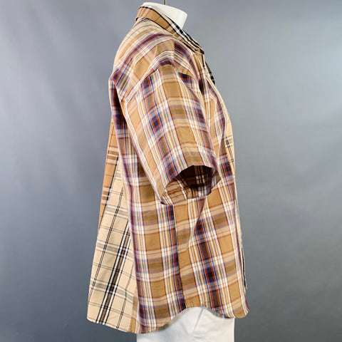 BEAMS HEART Size L Brown Black White Plaid Cotton Blend Snaps Short Sleeve Shirt