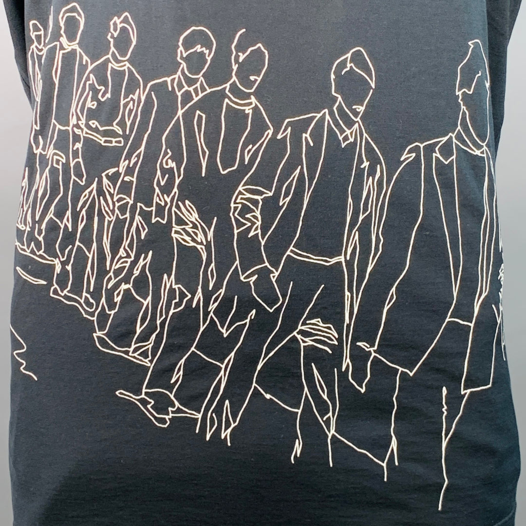 LANVIN Size XXXL Black White Line Drawing Cotton Crew Neck T-shirt