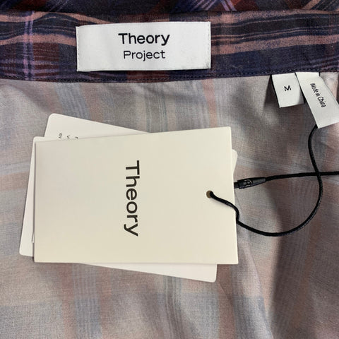 THEORY Size M Navy Brown Plaid Silk Blend Short Sleeve Shirt