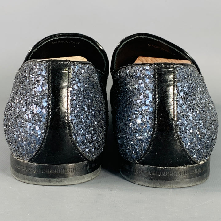 JIMMY CHOO Size 9 Thame Grey Black Glitter Leather Slip On Loafers