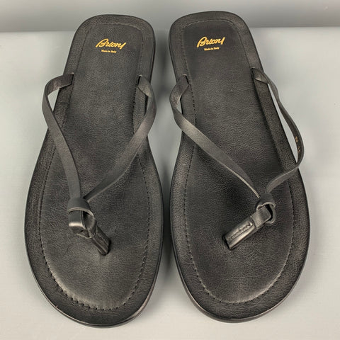BRIONI Size 13 Black Leather Thong Sandals