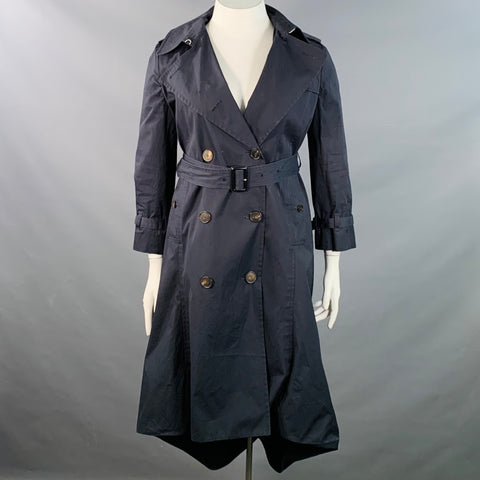 BALENCIAGA Size 10 Navy Cotton Belted A-Line Double Breasted Trench Coat