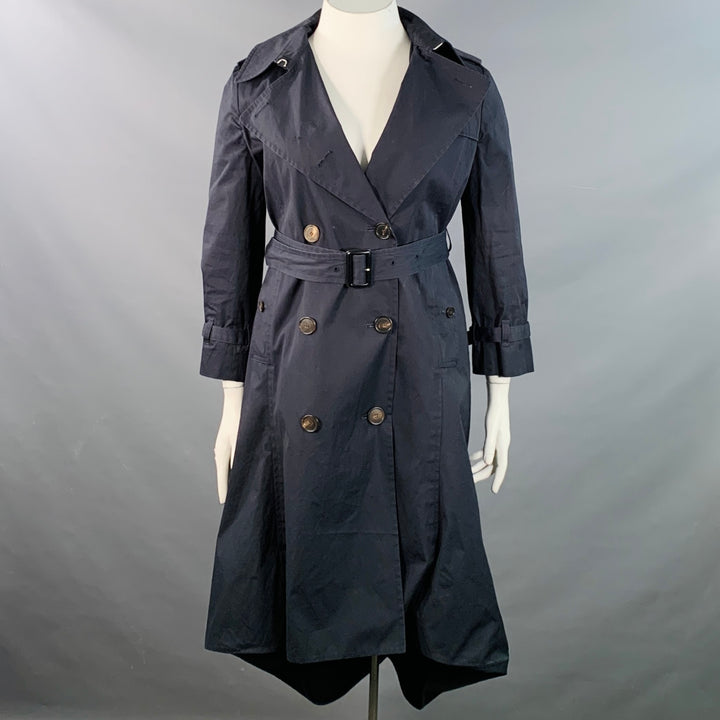BALENCIAGA Size 10 Navy Cotton Belted A-Line Double Breasted Trench Coat