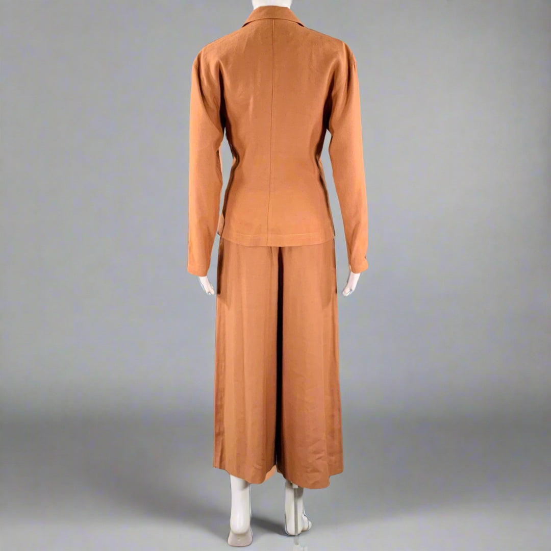 CLAUDE MONTANA Size 4 Brown Linen Blend Pleated Flat Front Pants Suit